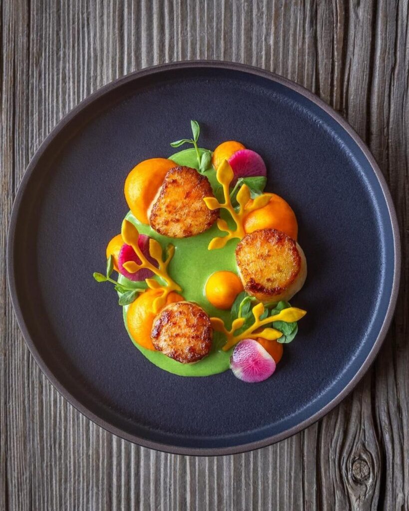 美しく盛り付けられたホタテのソテー