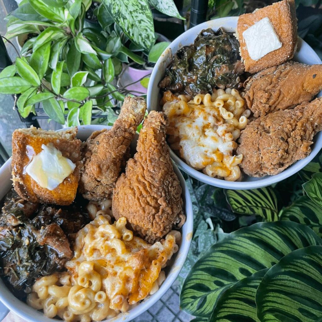 植物に囲まれた2つのソウルフードボウル