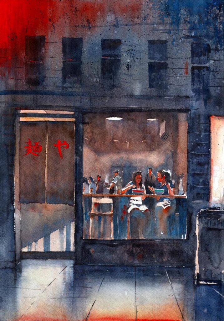 夜のラーメン屋で食事を楽しむ人々