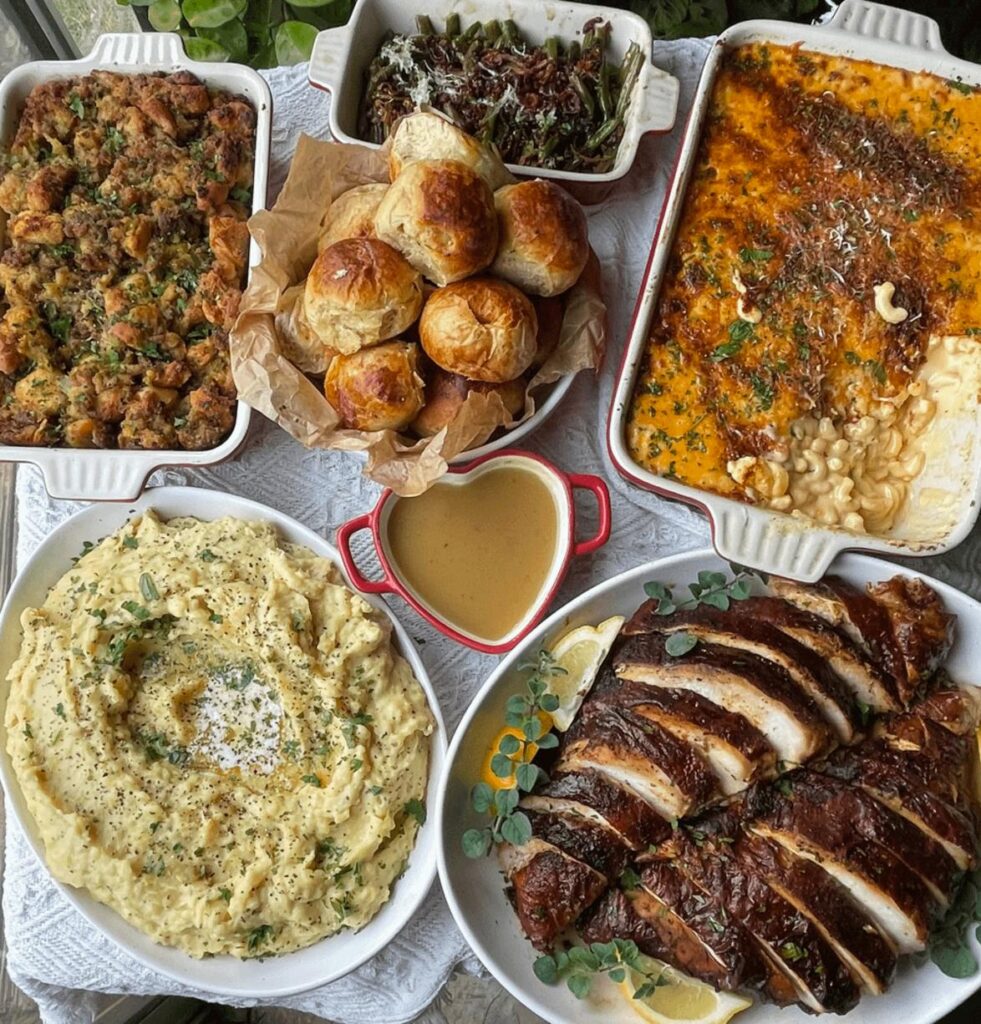 感謝祭の豪華な料理が並ぶ食卓